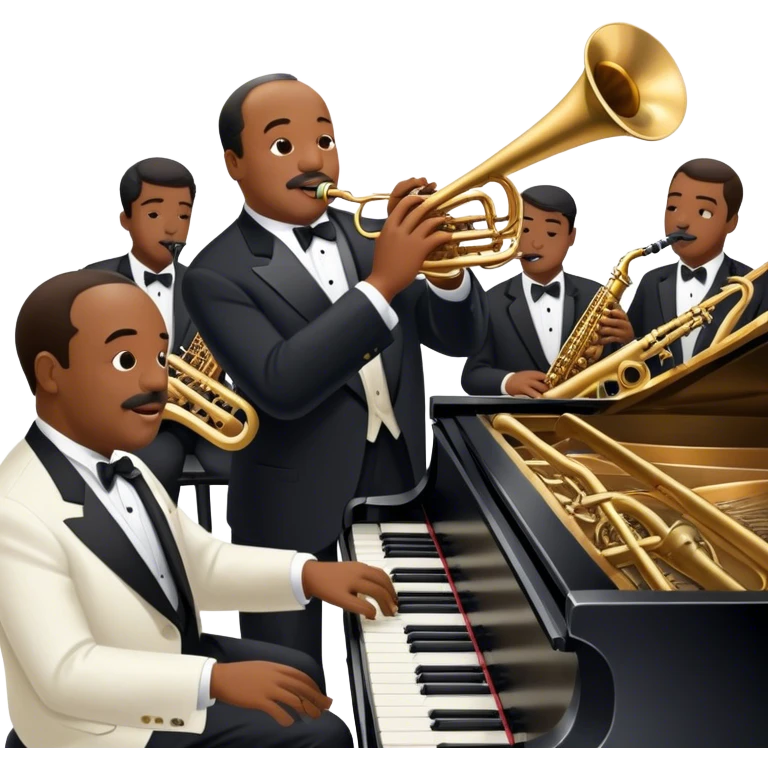 Icon for Jazz Music: Count Basie Orchestra, with Count Basie at the piano surrounded by jazz musicians playing instruments like saxophones, trumpets, and drums. Floating musical notes should capture the energetic and smooth vibe of big band jazz. Transparent background. emoji