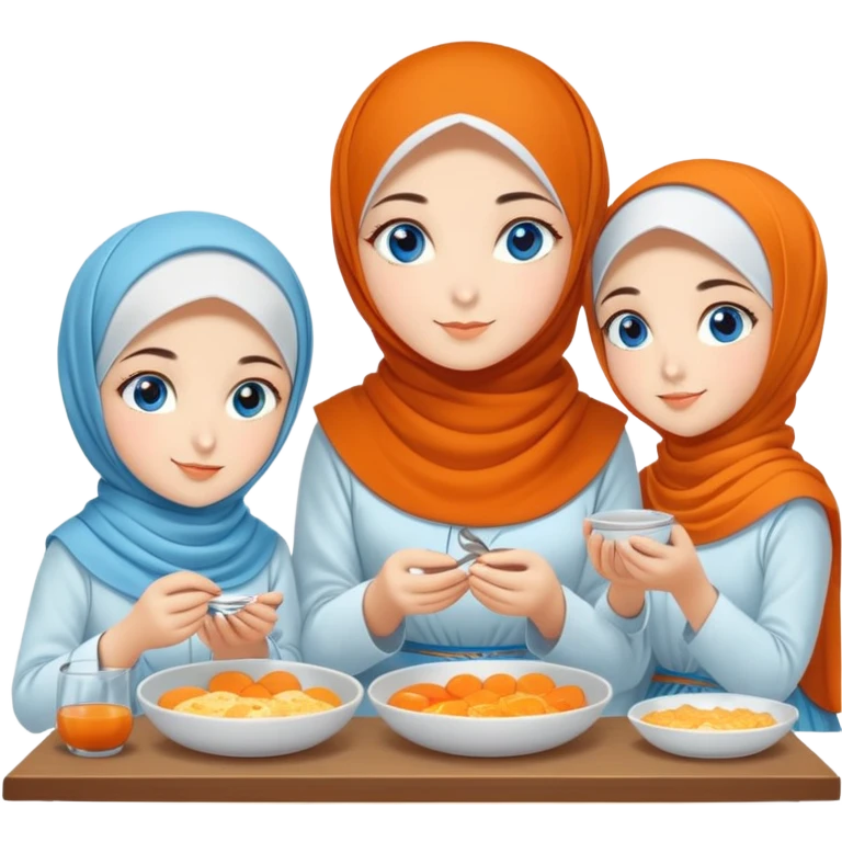 Four sister Turkish girls beautiful finish Konya blue eyes with orange blossom hijab and Islamic dress and make Breakfast emoji