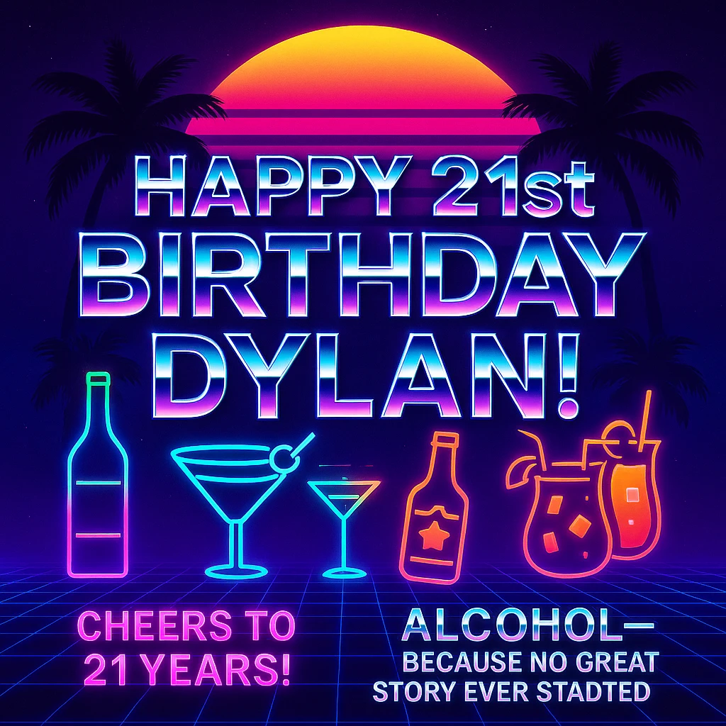 Completely change the style to vaporwave: neon colors, retro 80s grid, palm trees, synthwave sunset, chrome text, and keep the funny drink quote. Make it look digital and bold. emoji