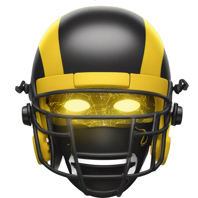 Black and yellow cyborg head with football helmet, face mask and circuits emoji