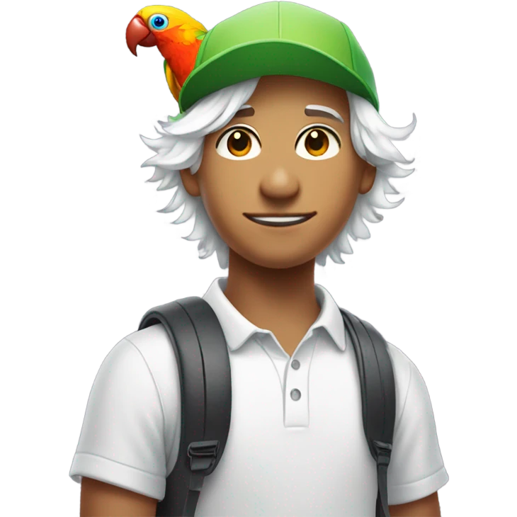 boy with white hair portrait wearing a golf cap and a colorful parrot on his shoulder  emoji