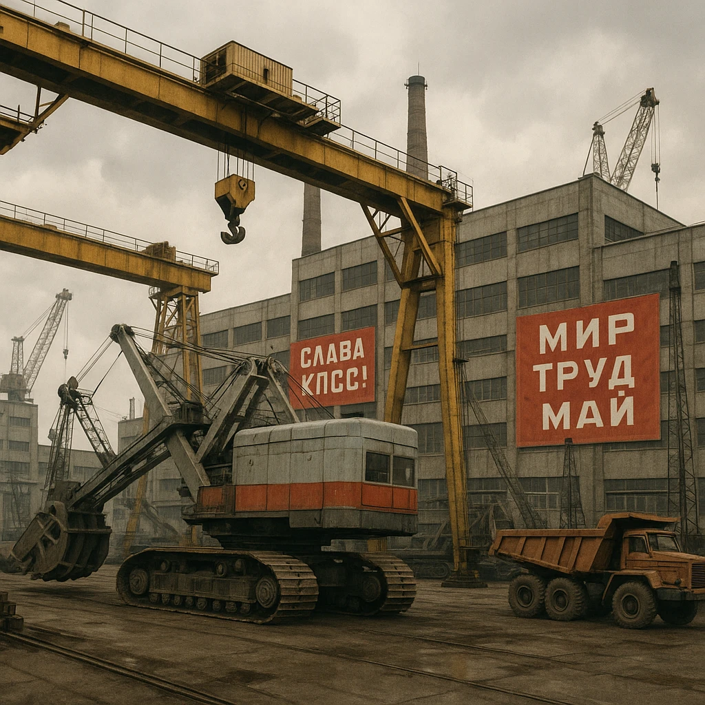 Soviet heavy equipment plant, large machinery, cranes, concrete buildings, red banners, industrial landscape emoji