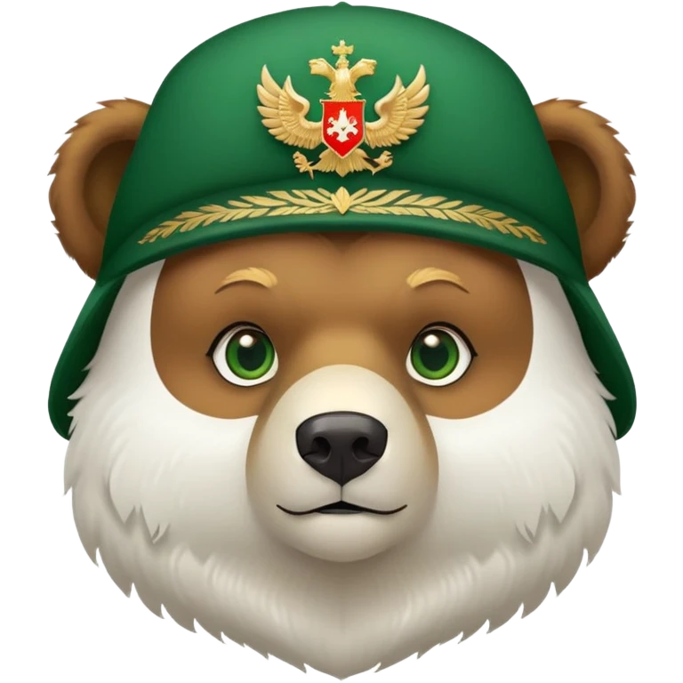 Cute brown bear head with green eyes, wearing white fluffy ushanka with precise Russian coat of arms showing golden double-headed eagle with all official details, iOS emoji style emoji