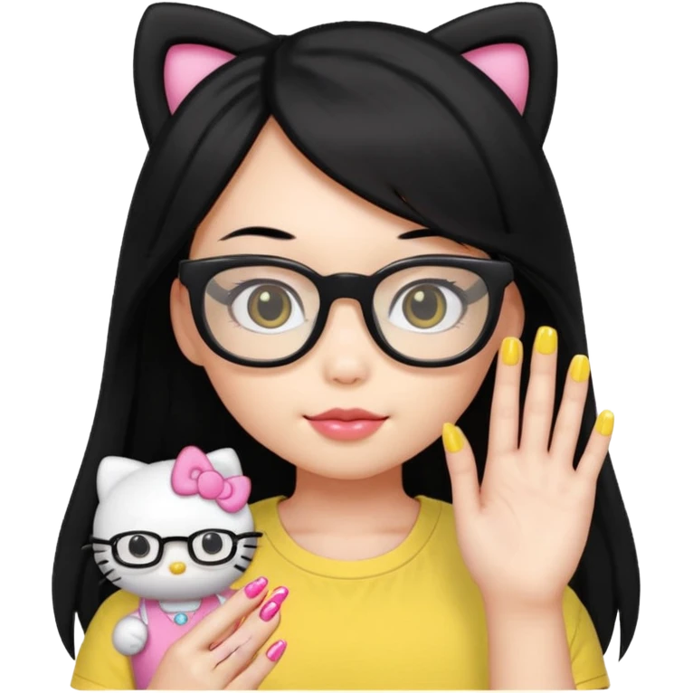 Nails cute with hello kitty wear glasses black long  hair wear, yellow shirt emoji