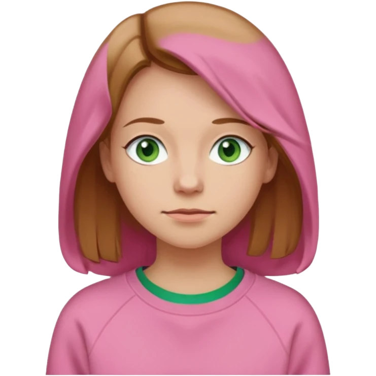  Una donna con una felpa semplice rosa, senza cappuccio. i capelli sono lunghi fino alle spalle marroni chiaro,gli occhi sono verdi e la bocca è contenta ma non sorride emoji