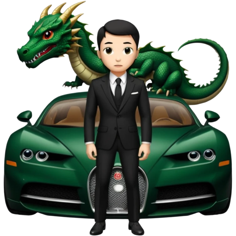 mysterious scenery: green audemars piguet watch (without text), black bugatti, and a dark green dragon, and a mysterious chinese agent from The Matrix with his eyes censored emoji