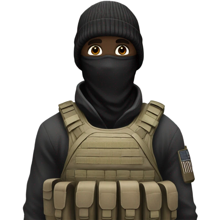 white male, pale skin, call of duty black face mask, camo tactical gear, combat boots, black beanie, hazel eyes, full body emoji
