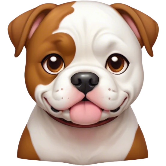 Cinematic Cute White and Brown American Bulldog Portrait Emoji, Head tilted playfully and inquisitively, soft white fur with rich brown patches, round, sparkling brown eyes filled with curiosity, Simplified yet irresistibly adorable features, highly detailed, glowing with a warm, friendly glow, high shine, affectionate and lively, stylized with a touch of whimsy, bright and endearing, soft glowing outline, capturing the essence of a mischievous yet loving pup, so playful it feels like it could bound out of the screen and into your arms! emoji