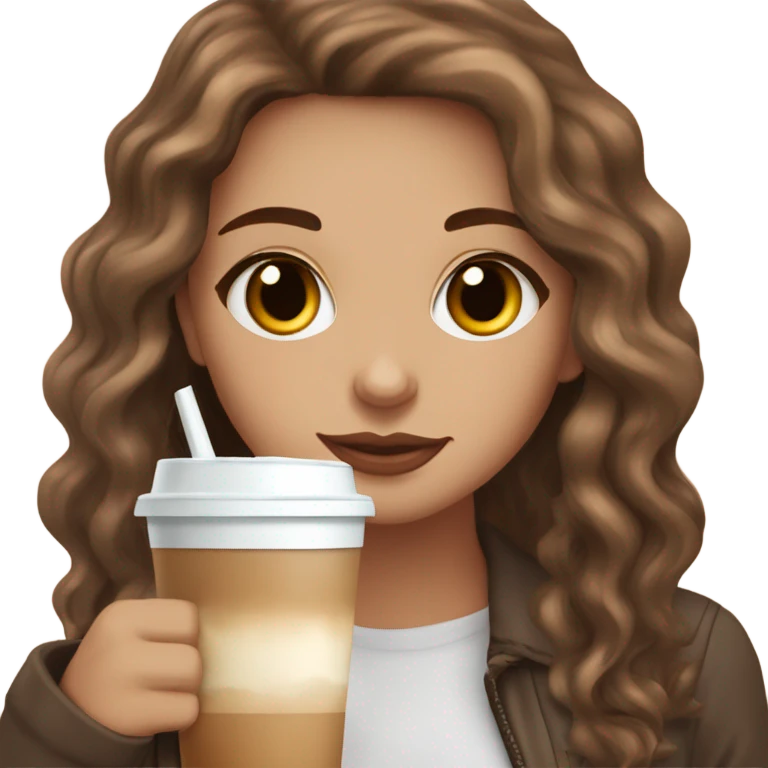 aesthetic white girl with brown wavy hair and brown eyes sipping an iced americano in a cute coffee shop  emoji