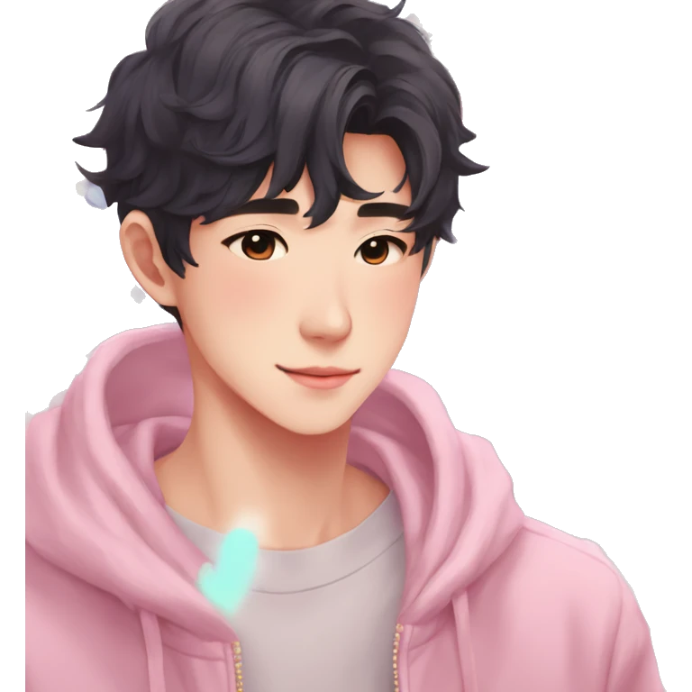 Gorgeous bright sparkly romantic Asian anime pastel guy with blushing face aesthetic trending style outside emoji