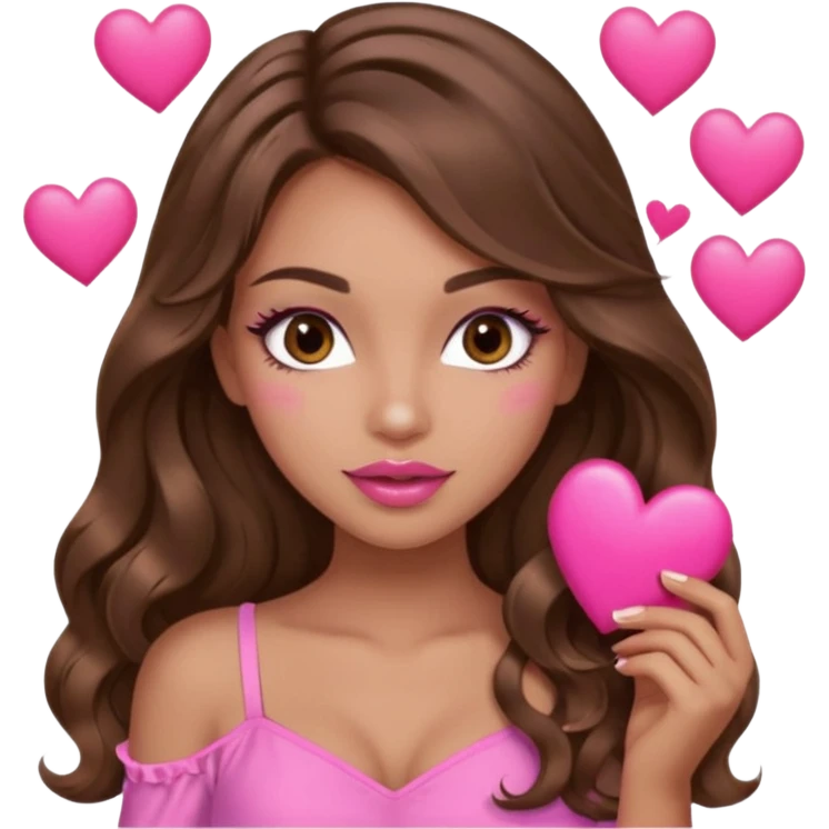 girl with long wavy brown hair, brown eyes, long lashes makeup, sexy pink lips, light to medium complexion, wearing a pink sexy top, many  hearts in hand emoji