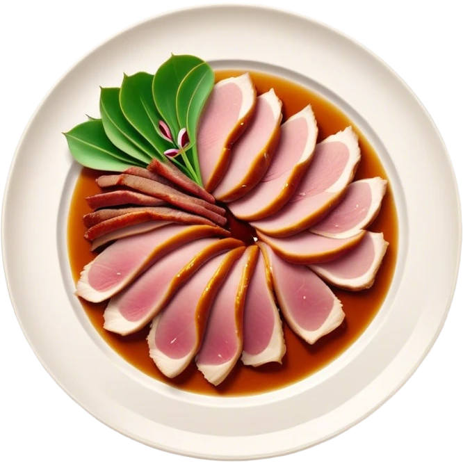 Peking Duck Cinematic Realistic Peking Duck Dish Emoji, depicted as thinly sliced duck breast with crispy skin and succulent meat, rendered with vivid textures and dynamic, appetizing lighting. emoji