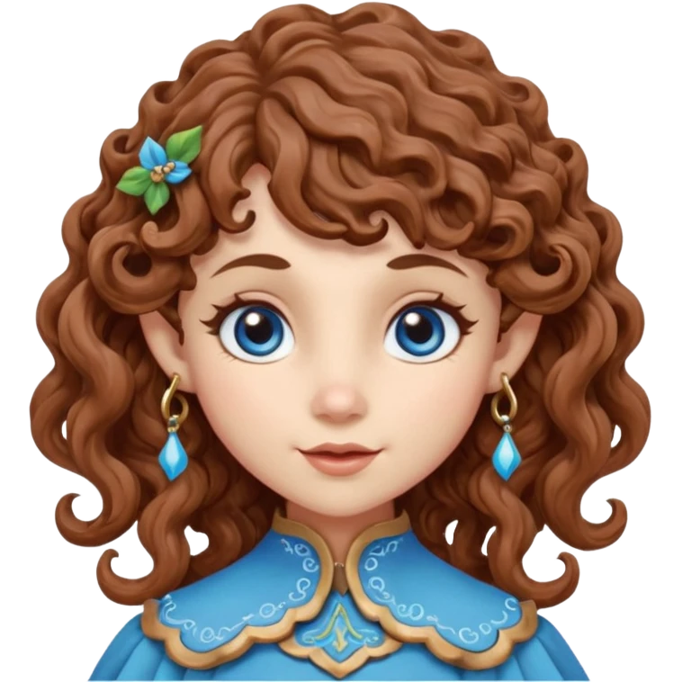 Kind Girl toymaker wood carving elf. Blue eyes. brown (just below chin length) wavy curly hair & bangs. Whimsical playful  emoji