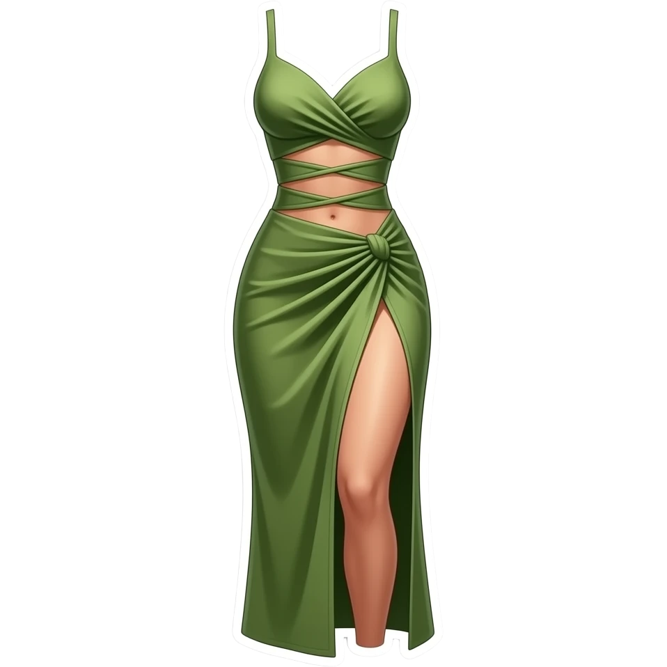 iOS style highly editorial and sculptural A draped olive green wrap dress with multiple abdominal cutouts, a high leg slit decal sticker emoji