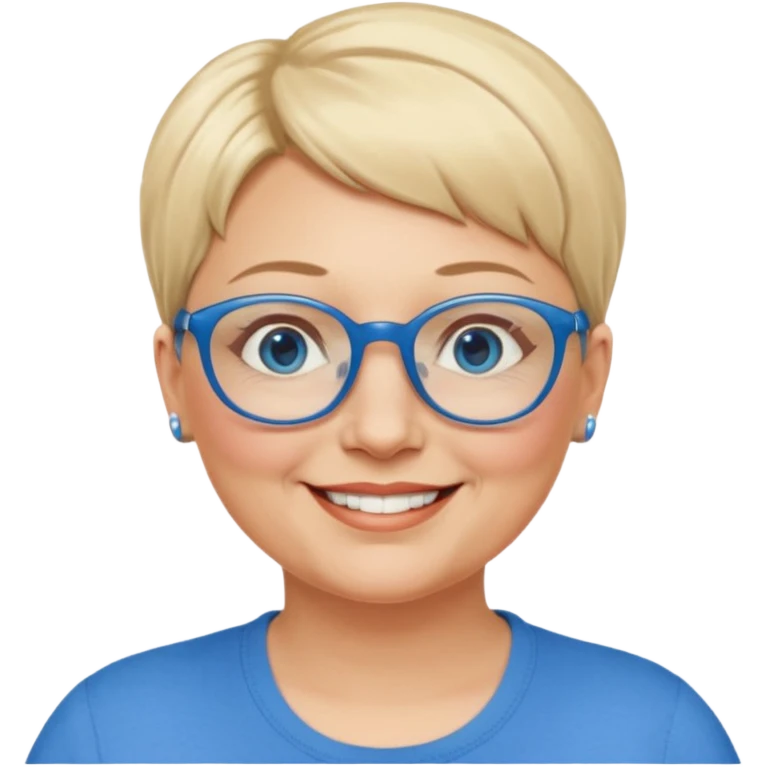 woman 50 years old, very short blonde hair, blue eyes and blue round glasses smile and overweight emoji