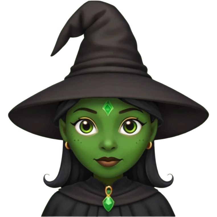 сделай эмоджи ведьмы с зеленой кожей, но африканскими чертами лица. в ведьминской черной шляпе и черном платье emoji