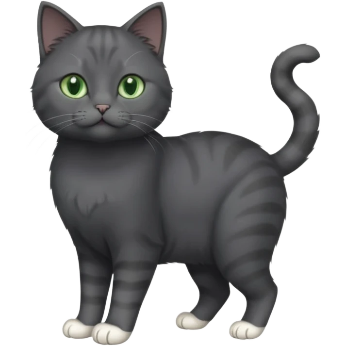 full body view of beautiful female solid dark grey cat with green eyes, white toes/paws and white patch on her chest emoji