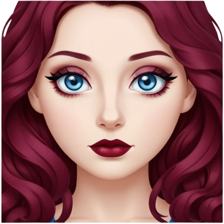 pretty long hair wavy dark wine red hair baddie with black eyeliner and blue eyes emoji