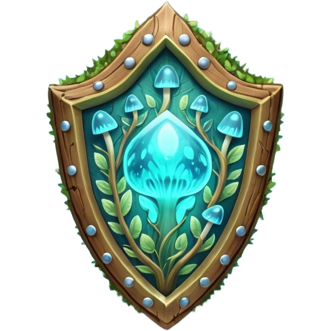 magical mushroom shield object icon, shield crafted from mushroom bark, glowing spores, fantasy forest design, soft green-blue aura, 3D cartoon, mobile game icon style, centered, clean background, no text, no watermark
 
 emoji