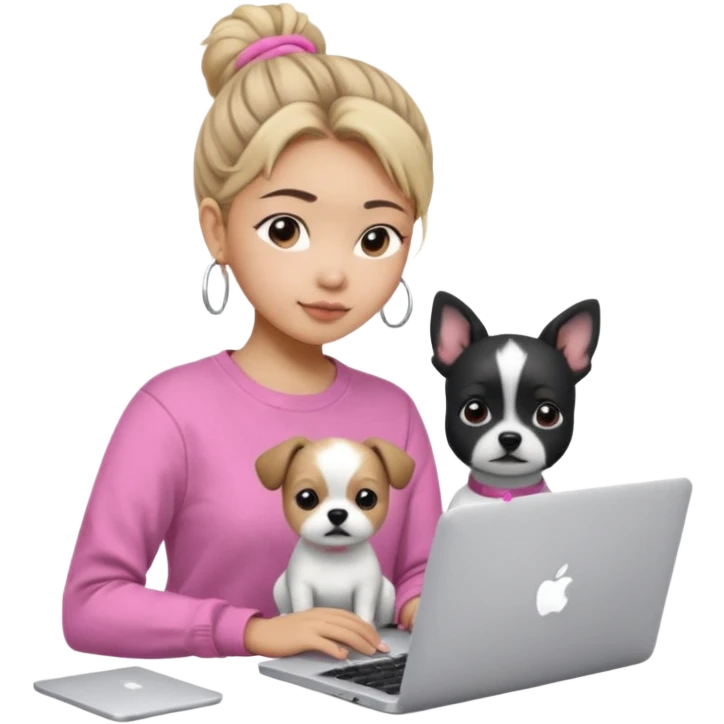 Asian girl with messy bun hair, wearing a white t-shirt, working on an Apple laptop, next to her is a small black and white dog in pink sweater emoji