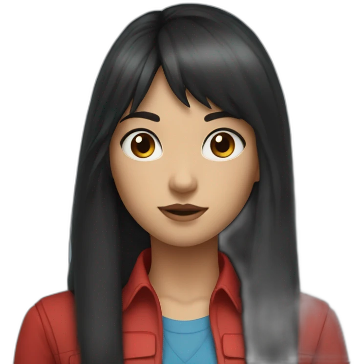 girl with long black hair, thick bangs, blue eyes, red vest and shirt emoji