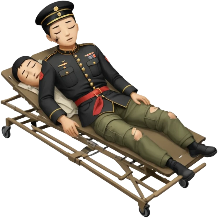 wounded man of oriental appearance, dressed in torn clothes, full length, with closed eyes, head lying on stretcher, in prone position, with injuries on black military stretcher, 1980 emoji