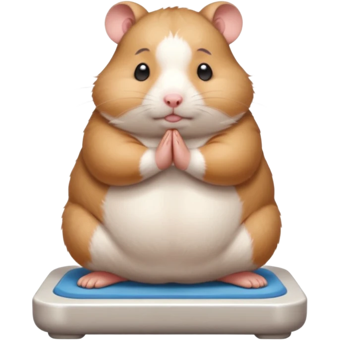 Cute chubby cartoon-style hamster standing on a bathroom scale, looking nervous with praying hands. Painterly shading, closed eyes, white background, sticker-style illustration emoji