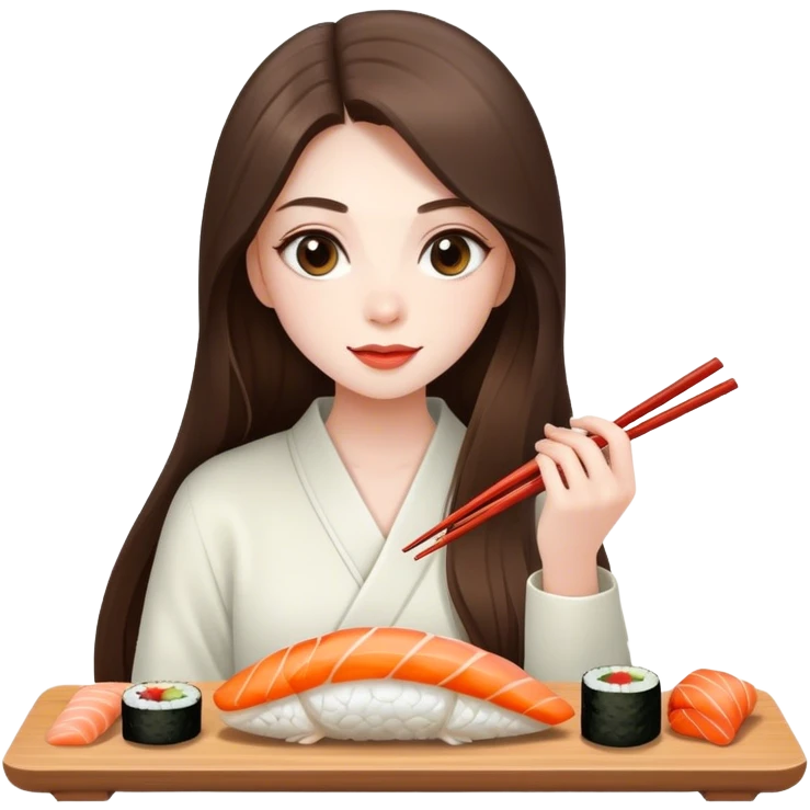 beautiful pale brunette girl with long enjoying sushi emoji