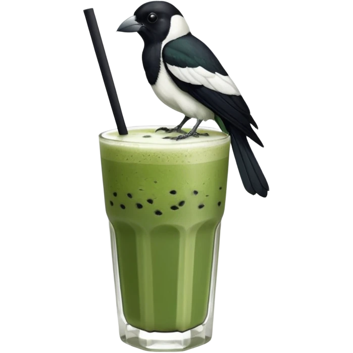  ONE Australien Magpie (just black and white feathers) sitting on an iced matcha latte on the edge of the glass. magpie has green matcha on its beak. matxha latte is in a see through glass and white from the oat milk on the bottom and green without seeds on top… one straw & ice cubes emoji