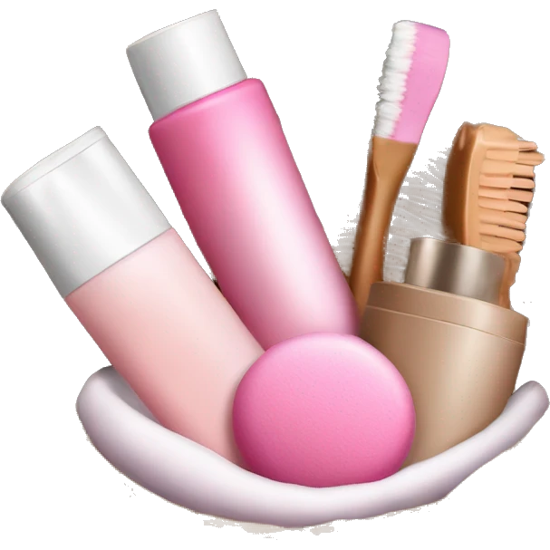 little brown basket with pink and white beauty products inside like shampoos and make up emoji