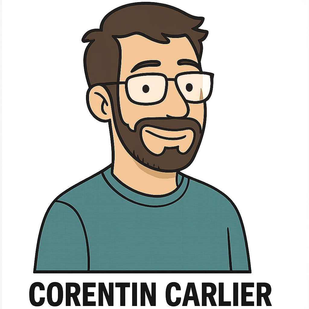 Corentin Carlier as a cartoon character, friendly and approachable, wearing glasses emoji