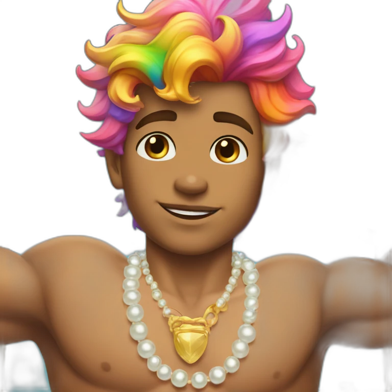 posh-muscle-boy-with-pearl-necklace-and-rainbow-unicorn-hair-in-golden-bathtub emoji