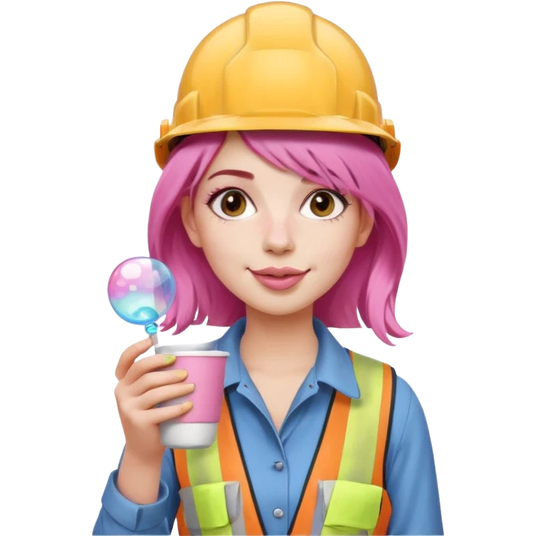 сделай молодую девушку с розовыми волосами, накрашенную красиво, с стаканчиком кофе, в каске, надувающую пузырь из жвачки emoji