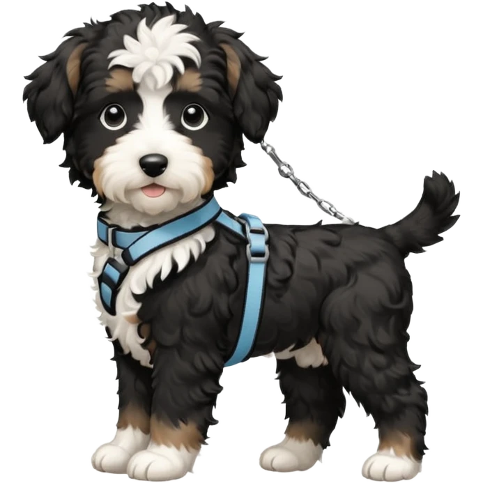 Black and white aussiedoodle puppy in side profile wearing harness and a leash emoji