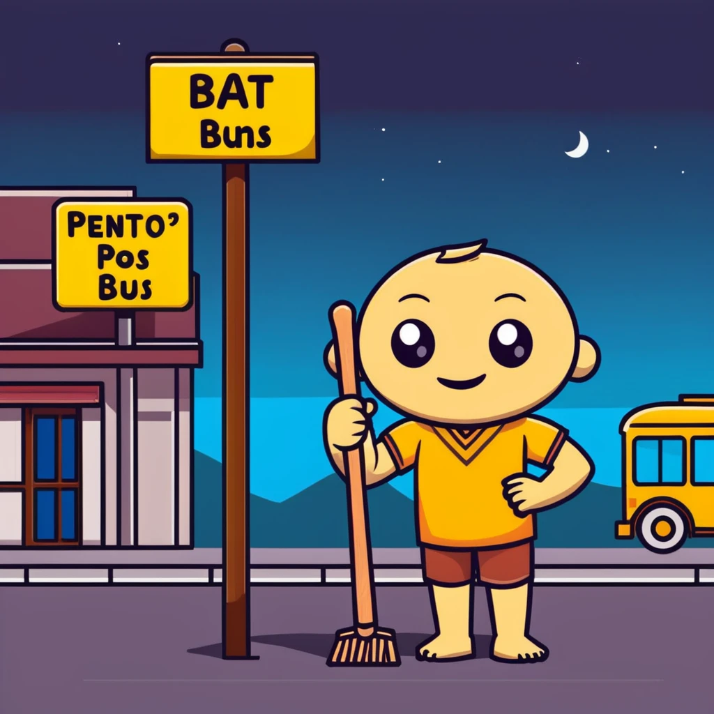 humanoid wooden club with big cartoon eyes and wide smile, barefoot, standing at a dark street bus stop under a dim streetlight, holding a bat, background sign 'Pentung Pos Ronda' emoji