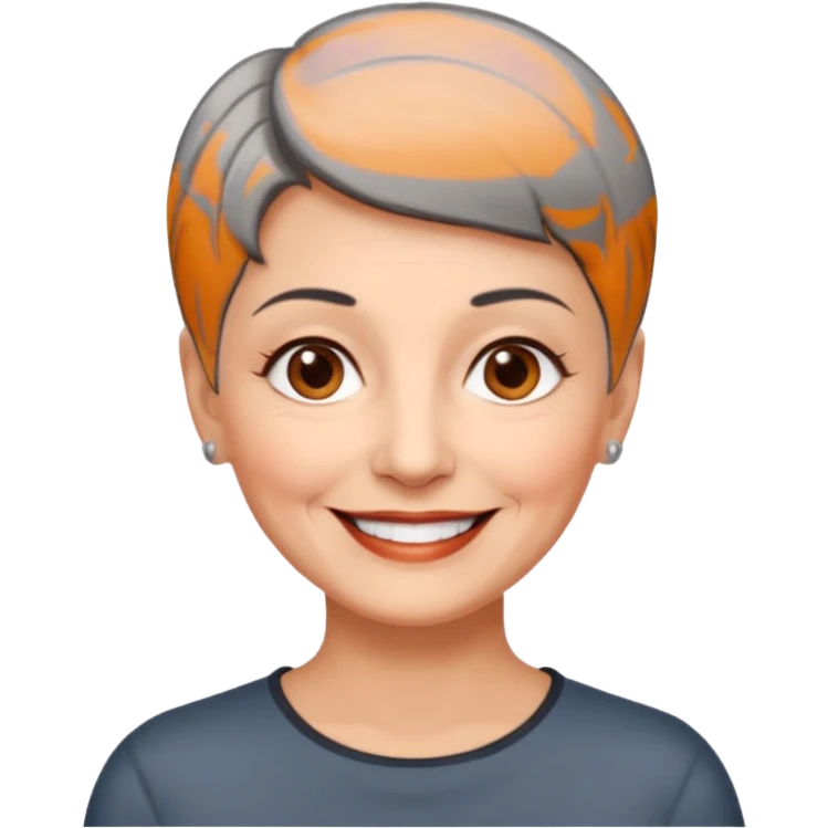 woman 60 years old, shaved short dark grey hair, brown eyes smile emoji