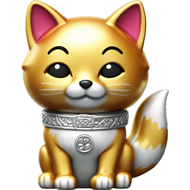 fully chrome fox statue in the form of maneki neko emoji