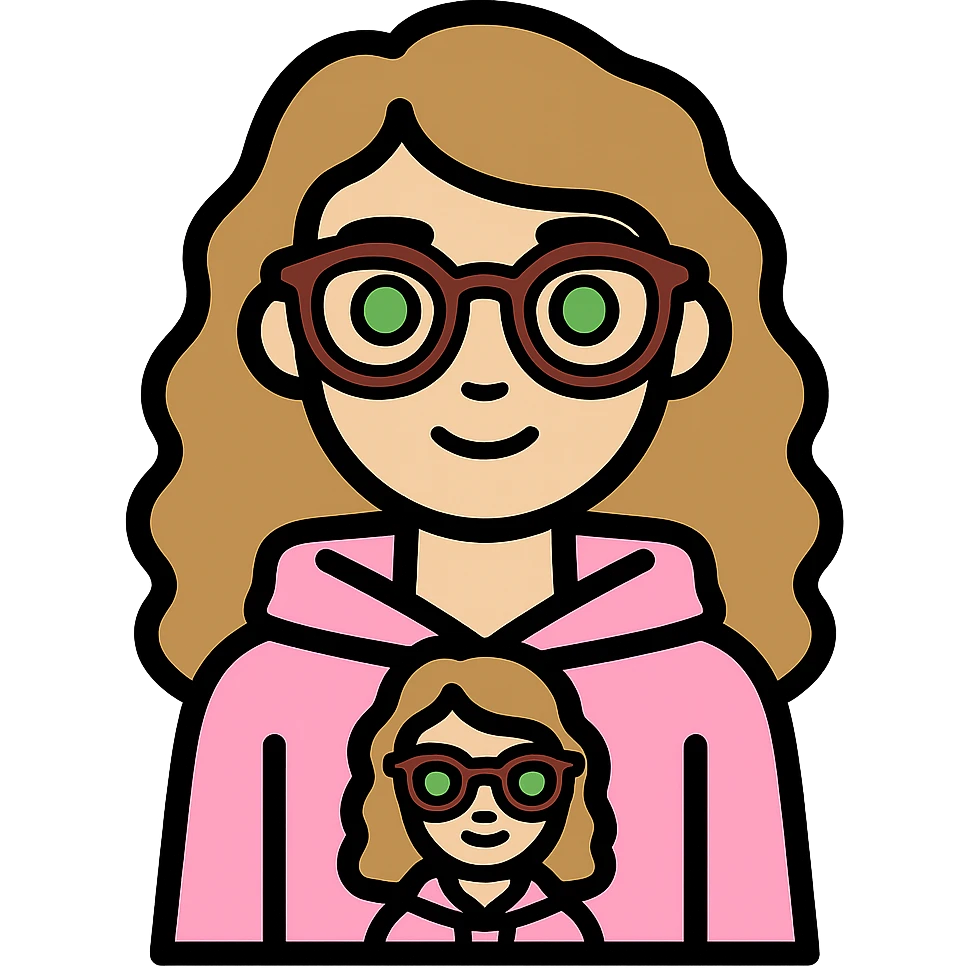 Edit the cartoon image to depict a girl with lighter skin, dark blonde wavy hair, green eyes, wearing a baby pink hoodie and brown glasses, with no background. emoji
