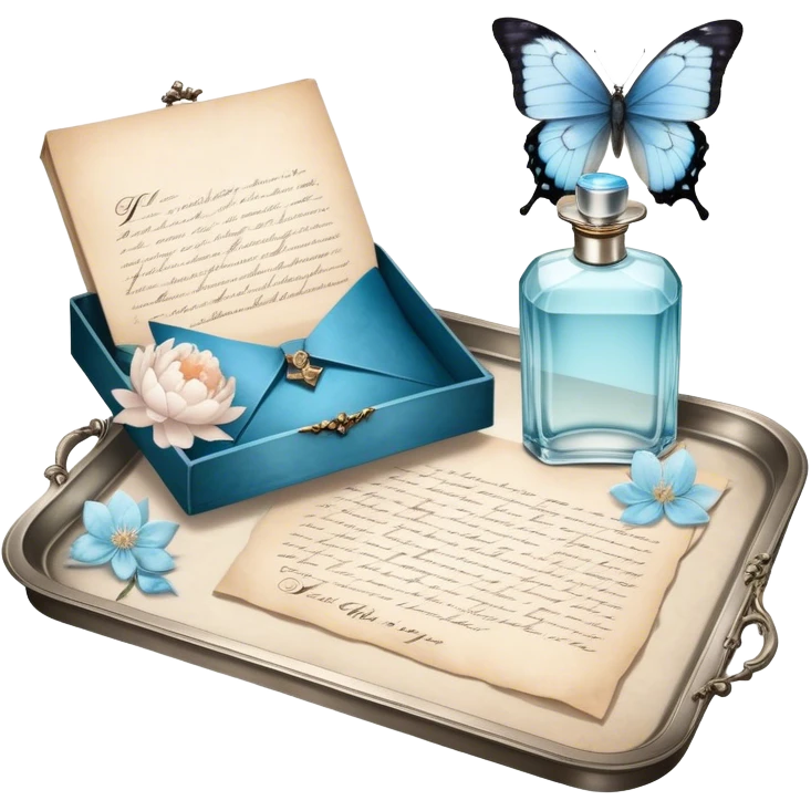 A nostalgic evening scene where an open love letter, with elegantly fading ink, lies next to a silver tray holding a vintage perfume bottle. A single pale blue butterfly lands gently on the aged parchment, as the soft scent of jasmine and peonies fills the air. emoji