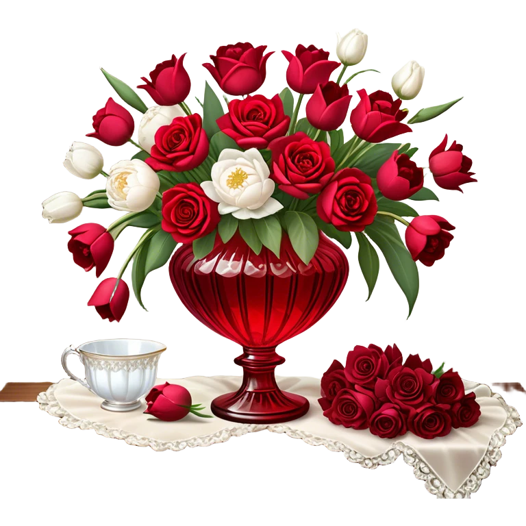 "A romantic still life of a crystal-clear red glass vase brimming with a lavish mix of scarlet roses, tulips, peonies, and silk-like pansies, with pearl-hued ribbons cascading gracefully over a vintage wooden table."
 emoji