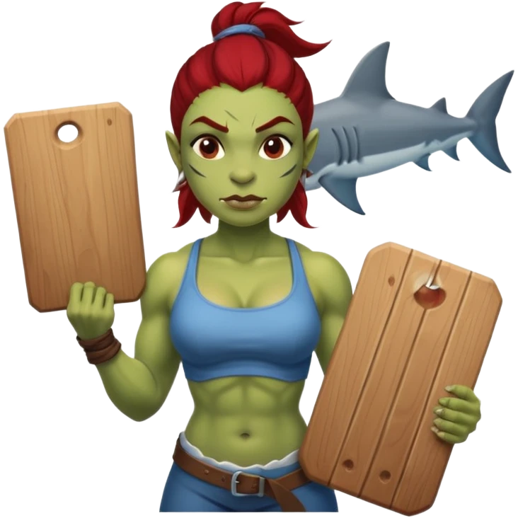 orc female holds a board with a shark painted vertically in his hands emoji