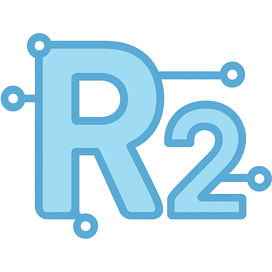 capital letter R and number 2 together, stylized with a tech-inspired look, suitable for an icon or logo emoji
