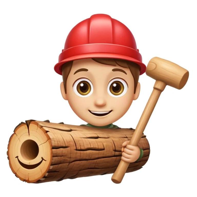 caricature of a smiling wood log with big eyes, holding a small mallet, white background, cute and colorful, apple emoji style emoji