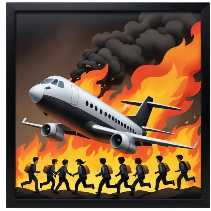 a plane crash in the middle of the night with fire and people running away emoji