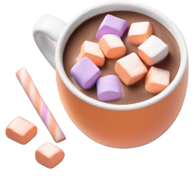 Light orange pastel mug of hot chocolate with violet pastel marshmallows  emoji