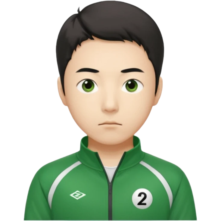 Illustrate Cho Sang-woo (Player 218) in green tracksuit with sharp, calculating gaze. emoji