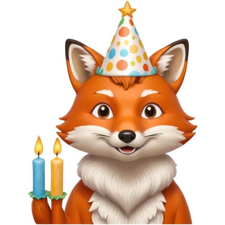 A fox wearing a birthday hat, joyfully blowing candles, portrait, bust up emoji