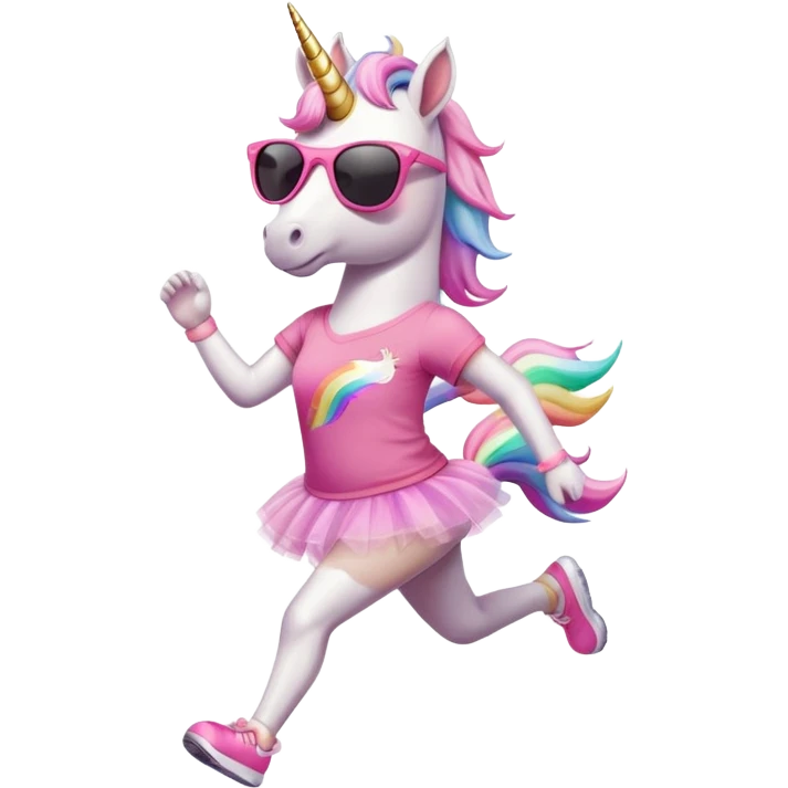 friendly anthropomorphised female unicorn in tutu and pink t-shirt, wearing dark sunglasses, jogging upright in standard pose emoji