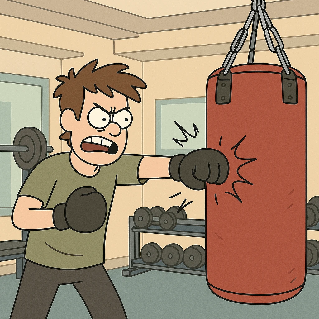 Hit a punching bag – to punch a padded bag for exercise or stress relief.
He went to the gym to hit a punching bag and blow off steam. Background Gym
 emoji