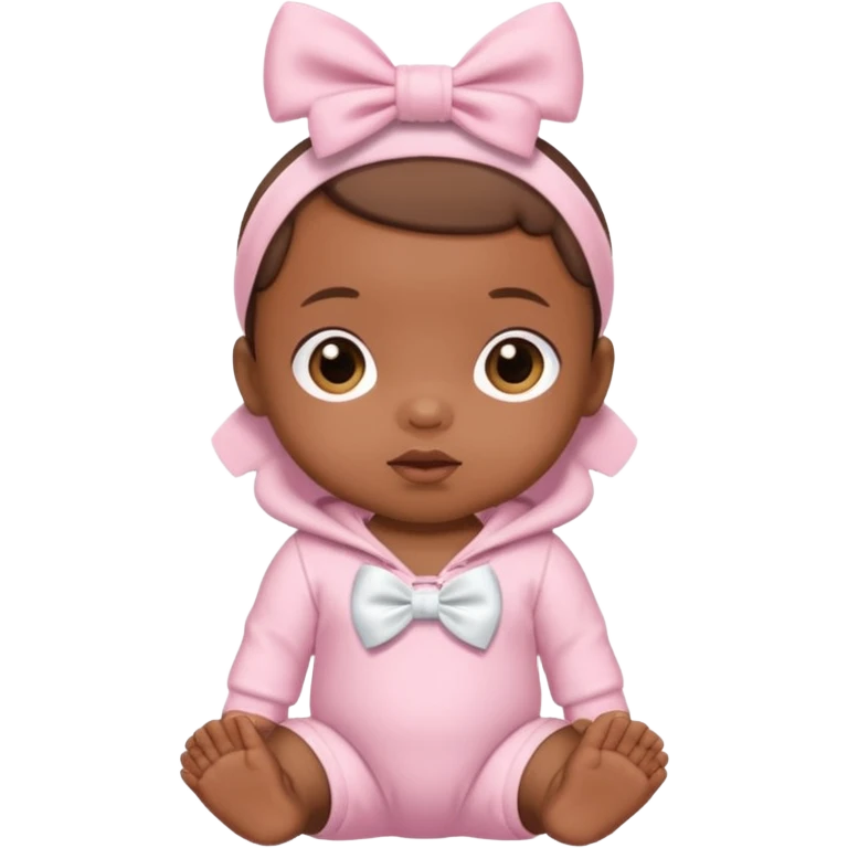 Brown skin baby with satin baby pink onesie and white bow emoji